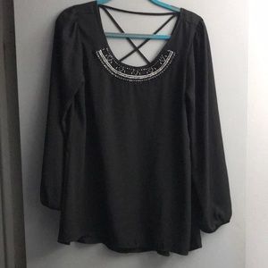 Black Crepe Beaded Long Sleeve Tunic Top With Deep V-Back, Size S